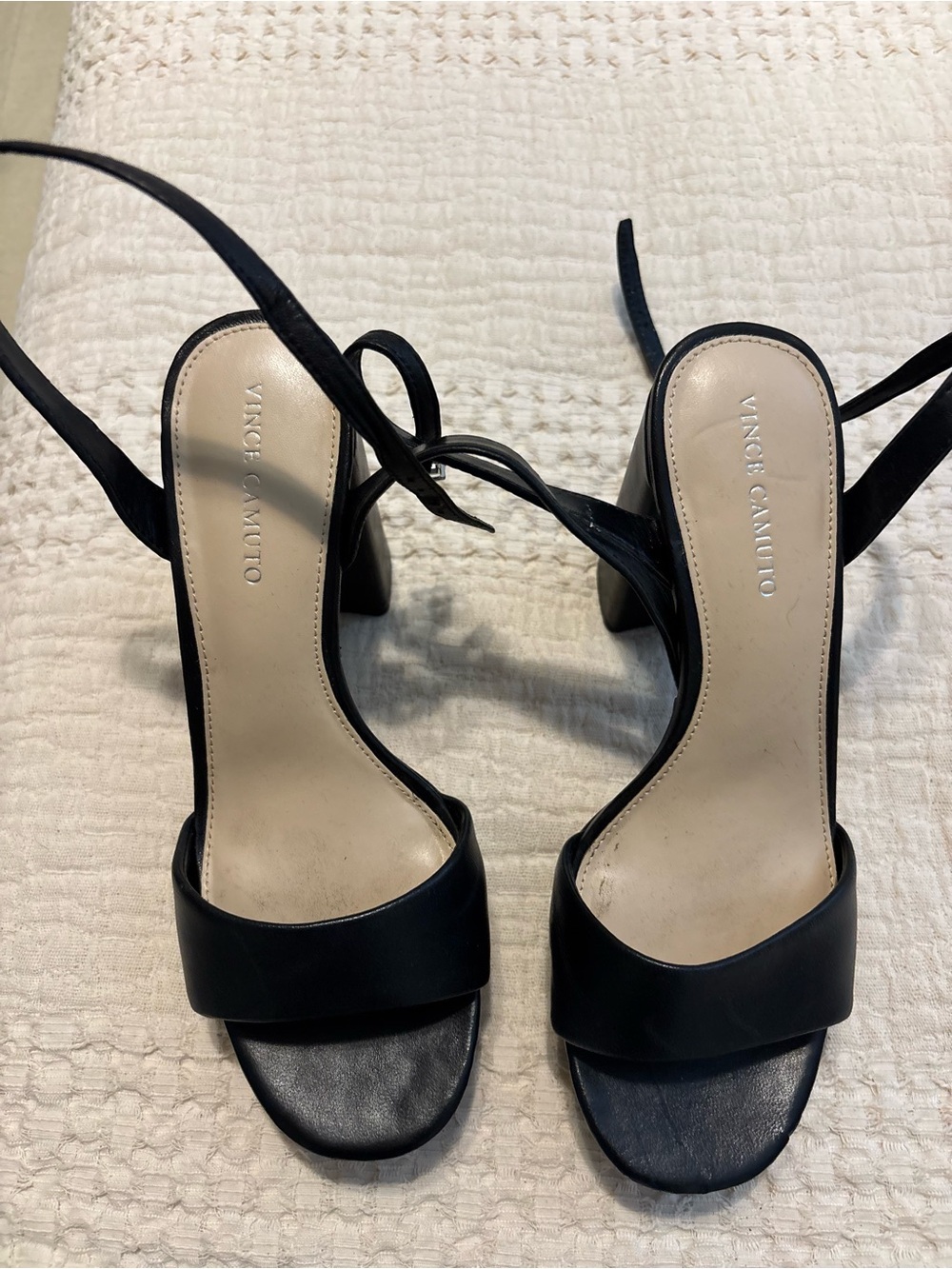 Vince Camuto Black Leather Tie-Strap Block Heels